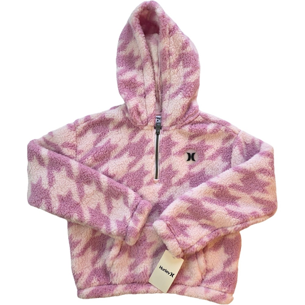 NWT Hurley Girls Pink Houndstooth Sherpa Fleece Quarter Zip Hoodie Medium